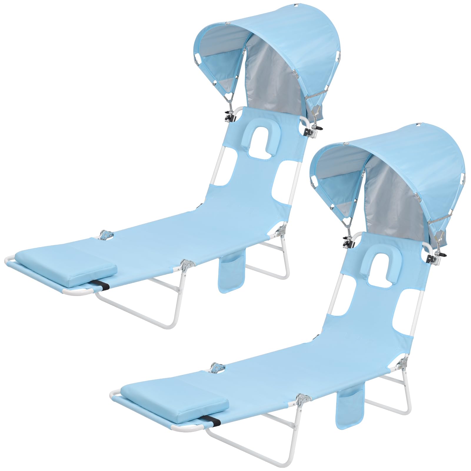 Backpack Beach Tanning Chair with Face Hole Sun Canopy Umbrella, Folding Lounge Chair Reclining 6 Position for Outside Adults Reading Sunbathing Poolside Camping, UPF 50+ Sun Shade, 2 Pack