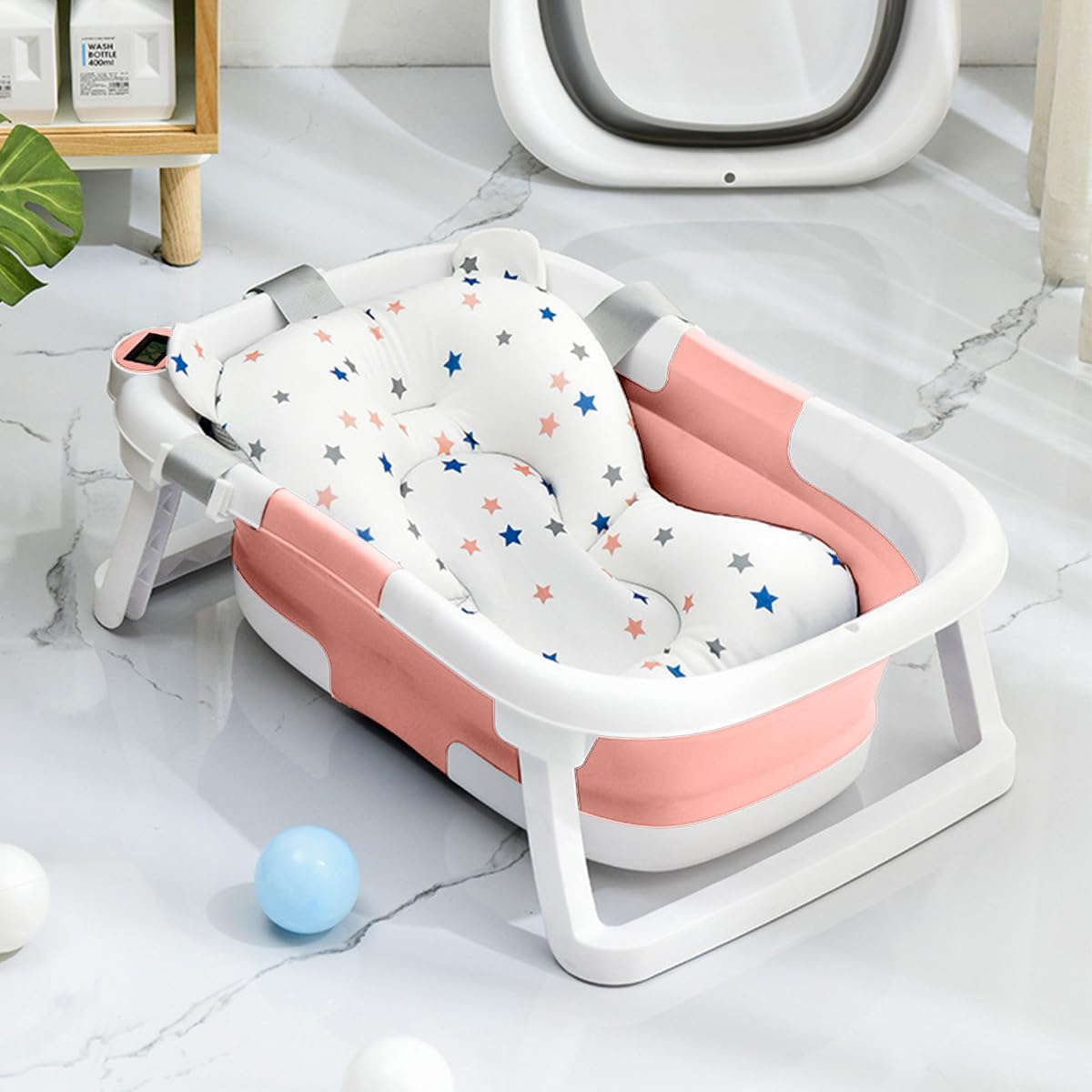 SONARIN Bañera Plegable Bebé con Termómetro & Cojín de Baño,Portátil Viaje Tina para Bebe Bañera de Ducha Reductor Bañera Bebe Antideslizante para Recién Nacidos Niños Pequeños(Rosa)