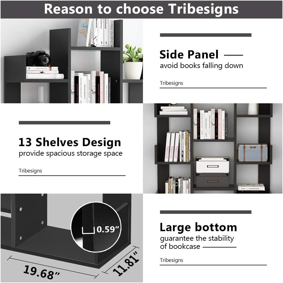 Tribesigns 12-Shelf Bookcase, Modern Tree Bookshelf Book Rack Display Shelf Storage Organizer for CDs, Records, Books, Home Office Deco (Black)