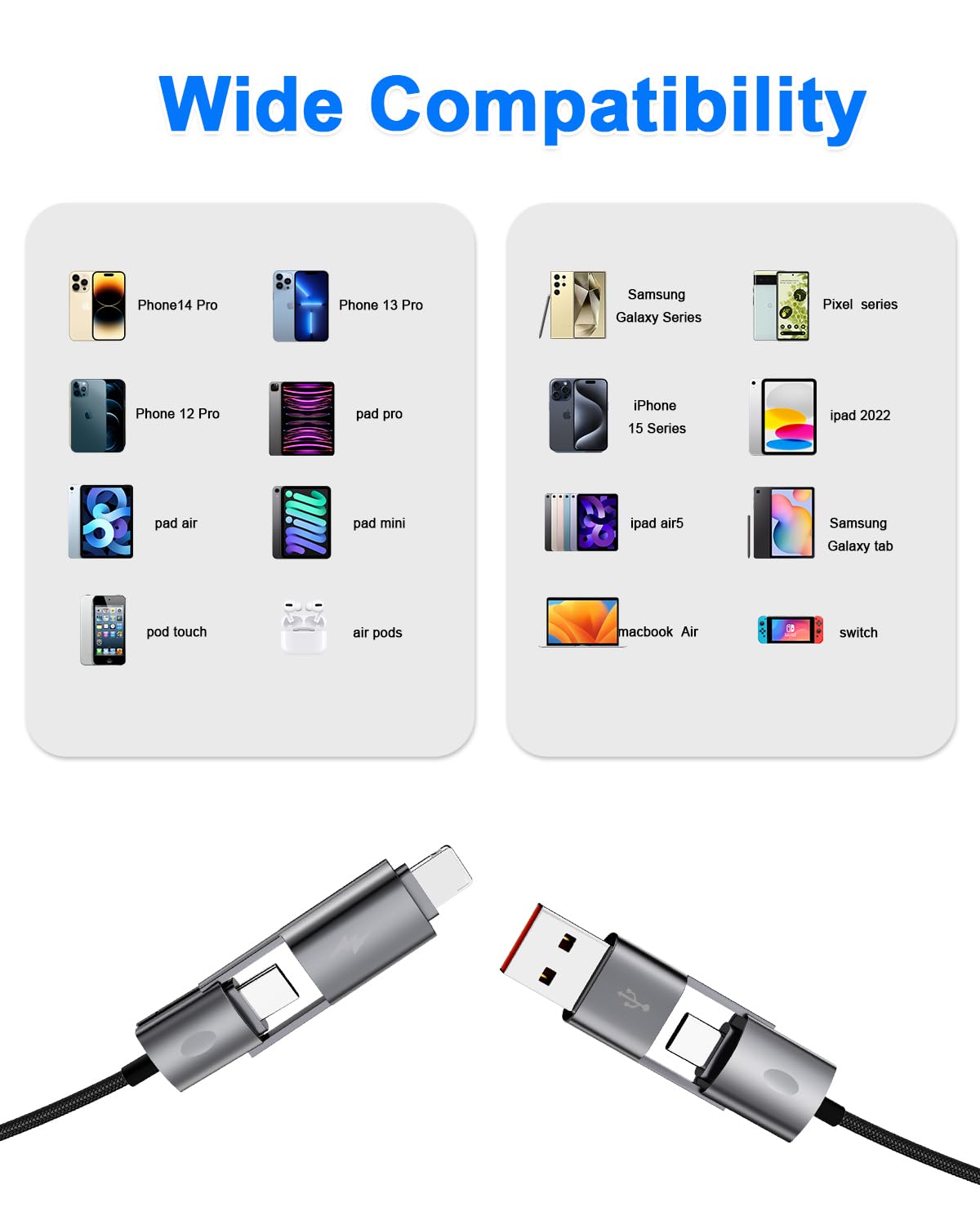 Cable USB C 4 en 1, paquete de 2 cables de carga multirápida trenzados redondos de 6 pies, PD 65 W 27 W, transferencia de datos de 480 Mbps, compatible con iPhone/iPad/Samsung/MacBook