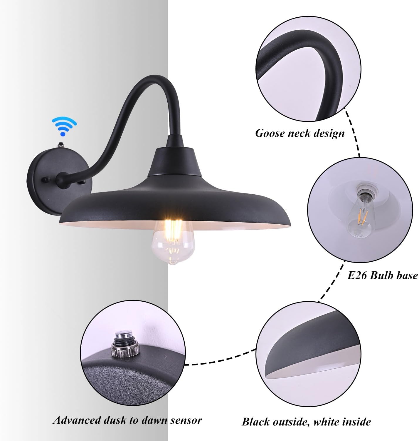 14" Dusk to Dawn Outdoor Wall Sconces, Exterior Farmhouse Gooseneck Barn Light, Vintage Matte Black Outside Wall Mount Light Fixture, Anti-Rust Waterproof Outdoor Light for House Porch Garage