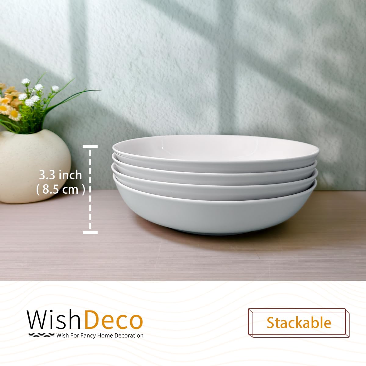 WishDeco Juego de 4 Cuencos Grandes para Pasta, Ensaladeras Cerámica 1100 ml, Platos Hondos Sopa Blancos, Boles Desayuno, Cuenco Servir para Spaghetti, Fideos, Ramen