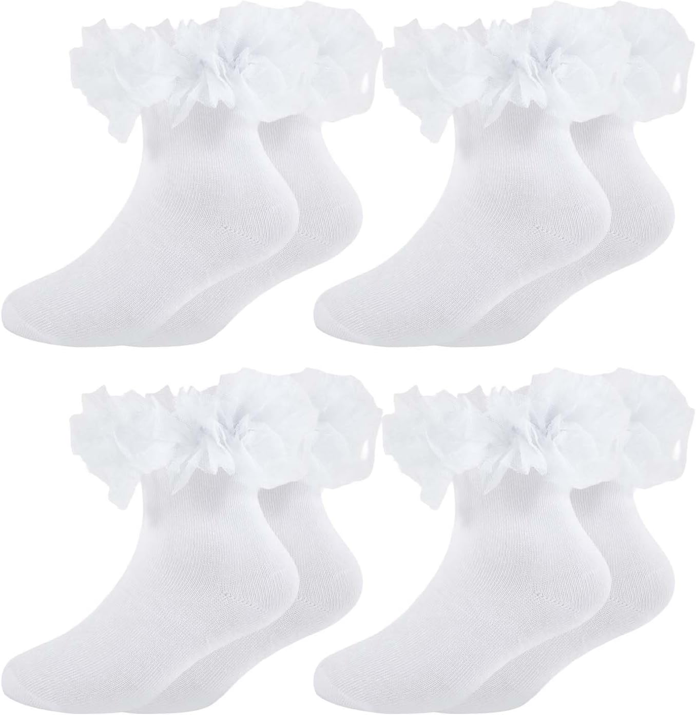 4 Pairs Extra Fluffy Ruffles Socks, Girls Frilly Lace Ankle Socks | 3M-8Years,Breathable,girls frilly socks, flower girl, pageant,daily,school uniform