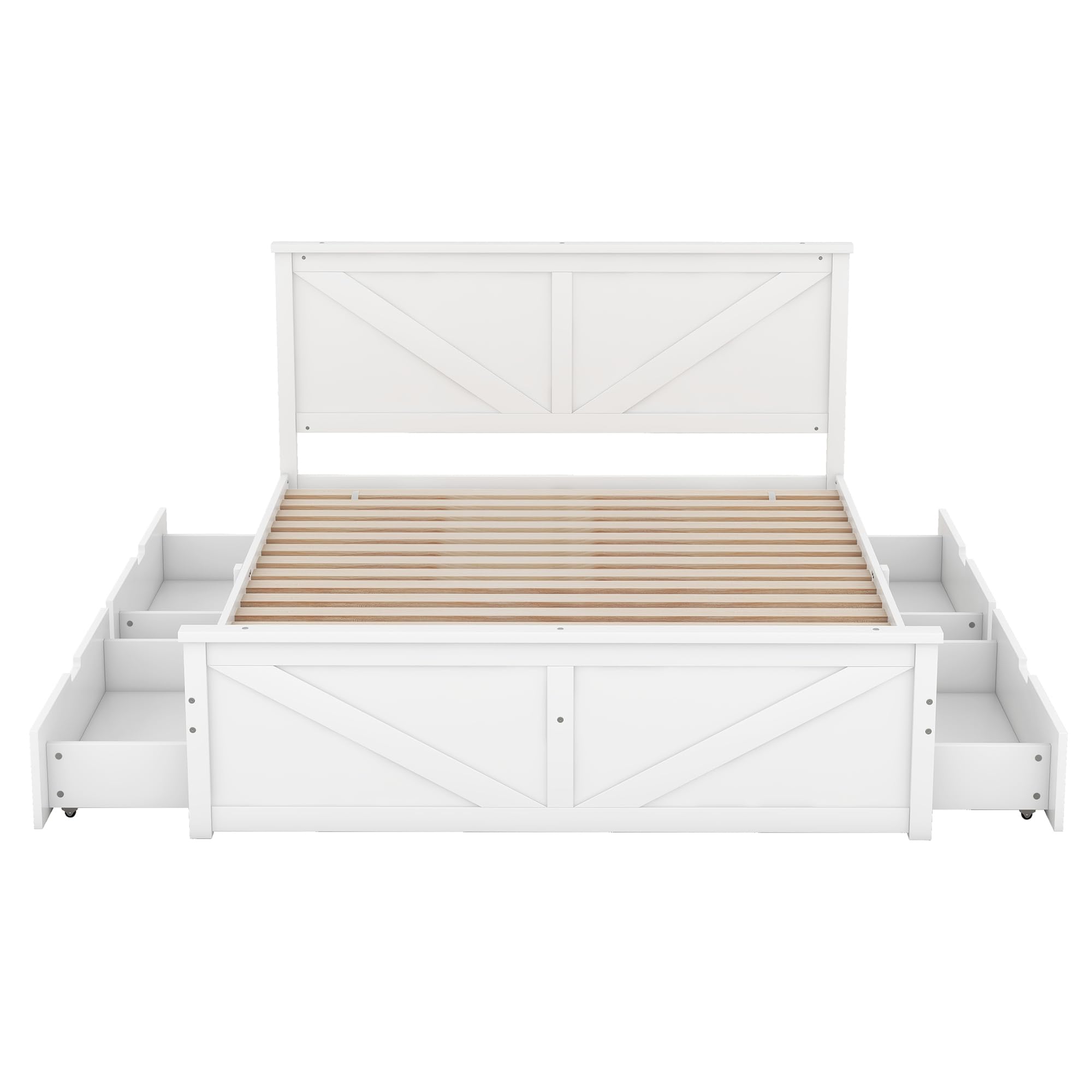 Letto matrimoniale 160 x 200 cm, semplice letto matrimoniale in legno con quattro cassetti, realizzato in legno massello e MDF (bianco)