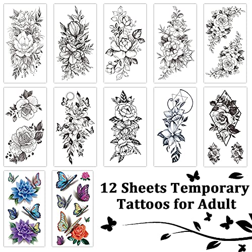 Cerlaza Temporary Tattoos For Women, Fake Flower Tattoos Stickers For Adults, Semi Permanent Half Sleeve Tattoo Body Leg Makeup Waterproof, Flower 3D Butterflies Tatuajes Temporales-12 Sheets #TOP2
