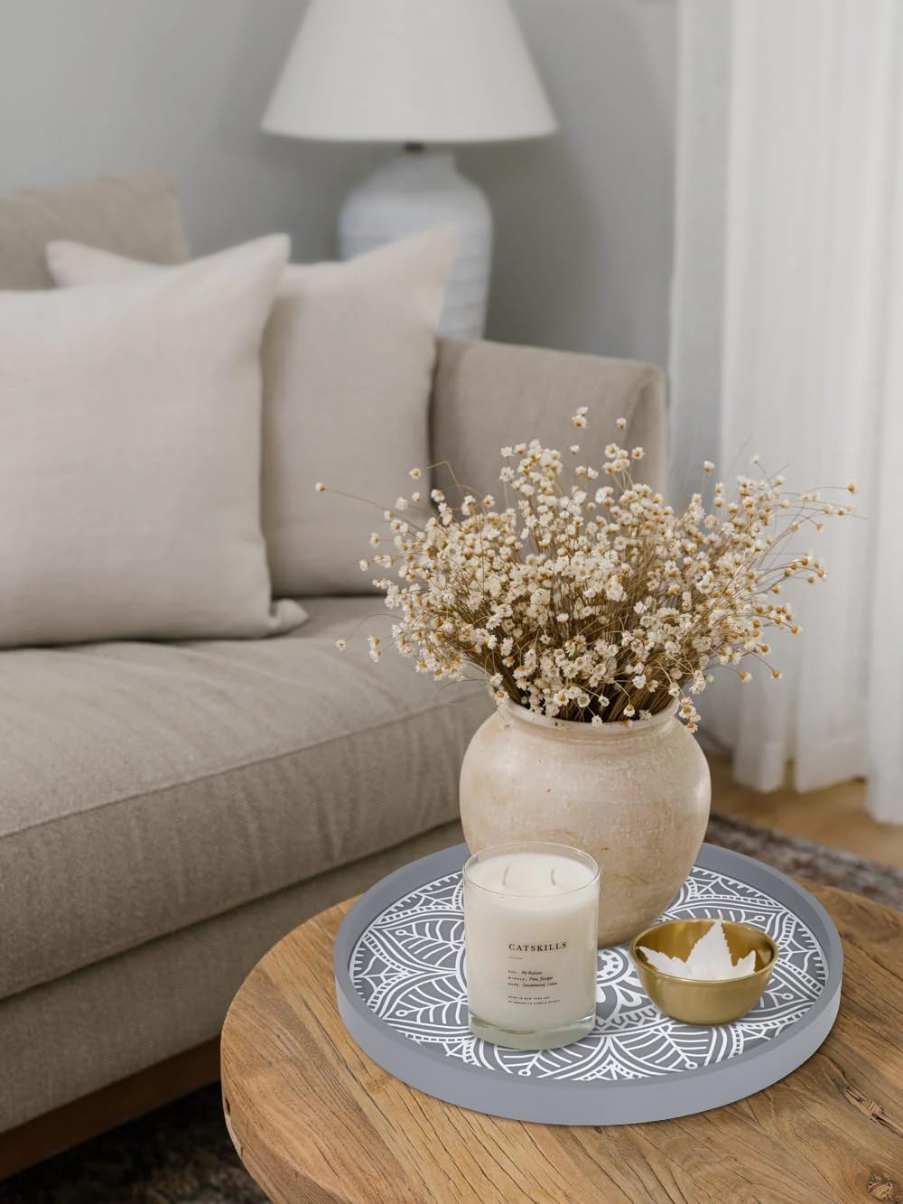 Rustikales Weißes Holztablett Rund – 30,5 Cm, Mit Holzperlen, Für Couchtisch & Deko