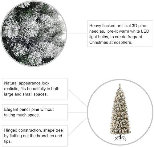 Miniatura 5 de glitzhome Árbol de Navidad artificial de abeto flocado de lujo de 8 pies, árbol de Navidad con bisagras con 450 luces blancas cálidas, tres