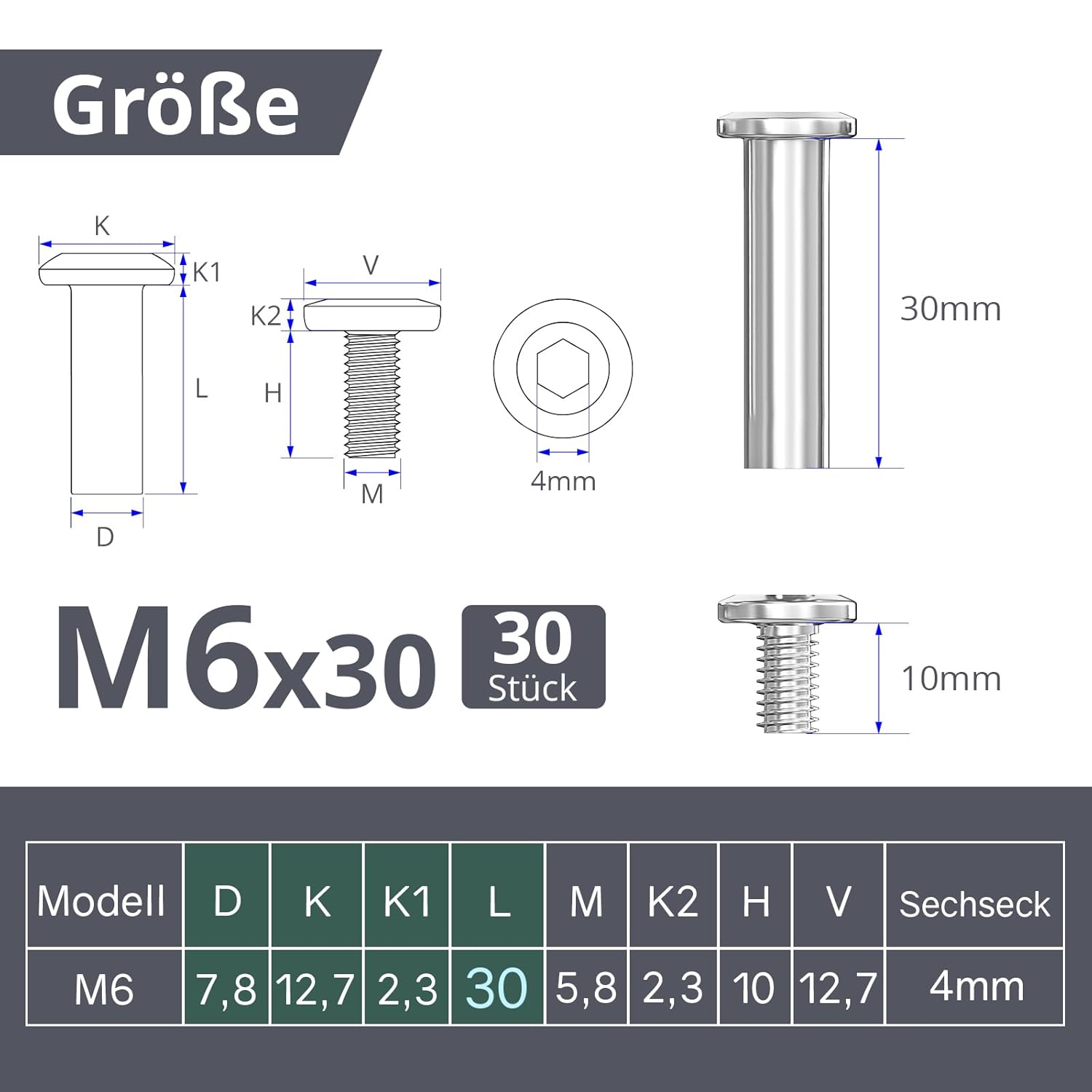 M6 Connecting Screws (30 x Furniture Screws, 30 x Sleeve Screws), Stainless Steel A2 V2A Cabinet Connector, Furniture Connector, Cabinet Connector for Connecting Furniture, Cabinets, Wooden