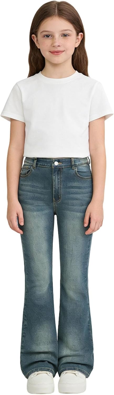 Girls Flare Jeans Denim Bottom Pants 70s Flare Jeans High Waisted Wide Leg Trousers 7-14T