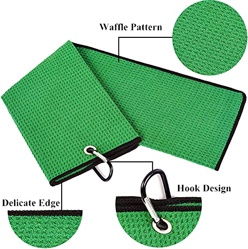 VIVIDLY 2 Pack Tri-fold Golf Towels, Premium Microfiber Fabric Waffle Pattern with Black Heavy Duty Carabiner Clip, Green Golf Towels for Golf Bags for Men (Green) - Thumbnail 3