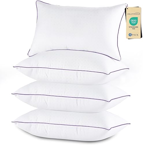 JOLLYVOGUE Juego de 4 almohadas de tamaño estándar, lavables de apoyo de tamaño matrimonial con relleno alternativo de plumón súper suave, calidad