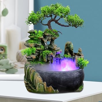 Futchoy Water Fountain Rockery Waterfall Desktop Decor Mini Rockery FengShui Desktop Fountain Waterfall Ornament with LED for Home Office Bedroom