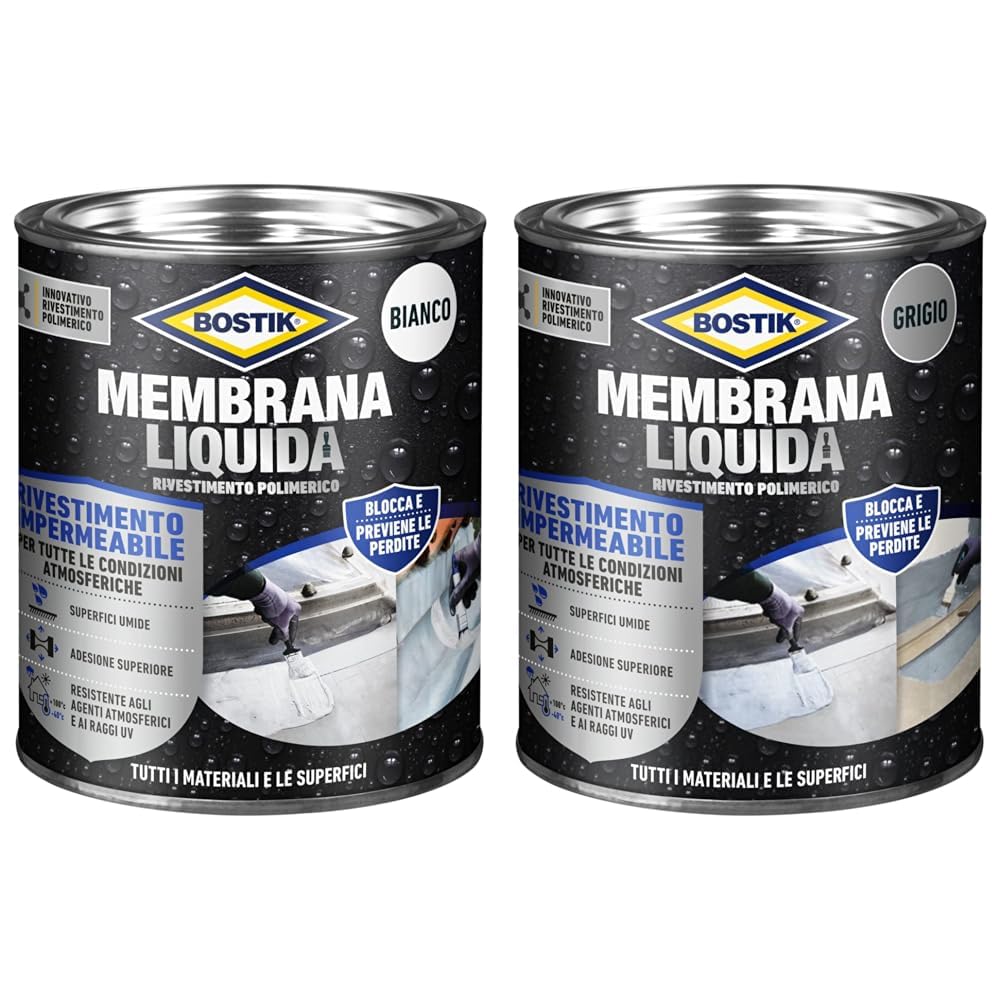 Bostik Membrana Liquida Rivestimento Polimerico impermeabilizzante elastico Bianco Latta 1kg & Membrana Liquida Rivestimento Polimerico impermeabilizzante elastico Grigio Latta 1kg