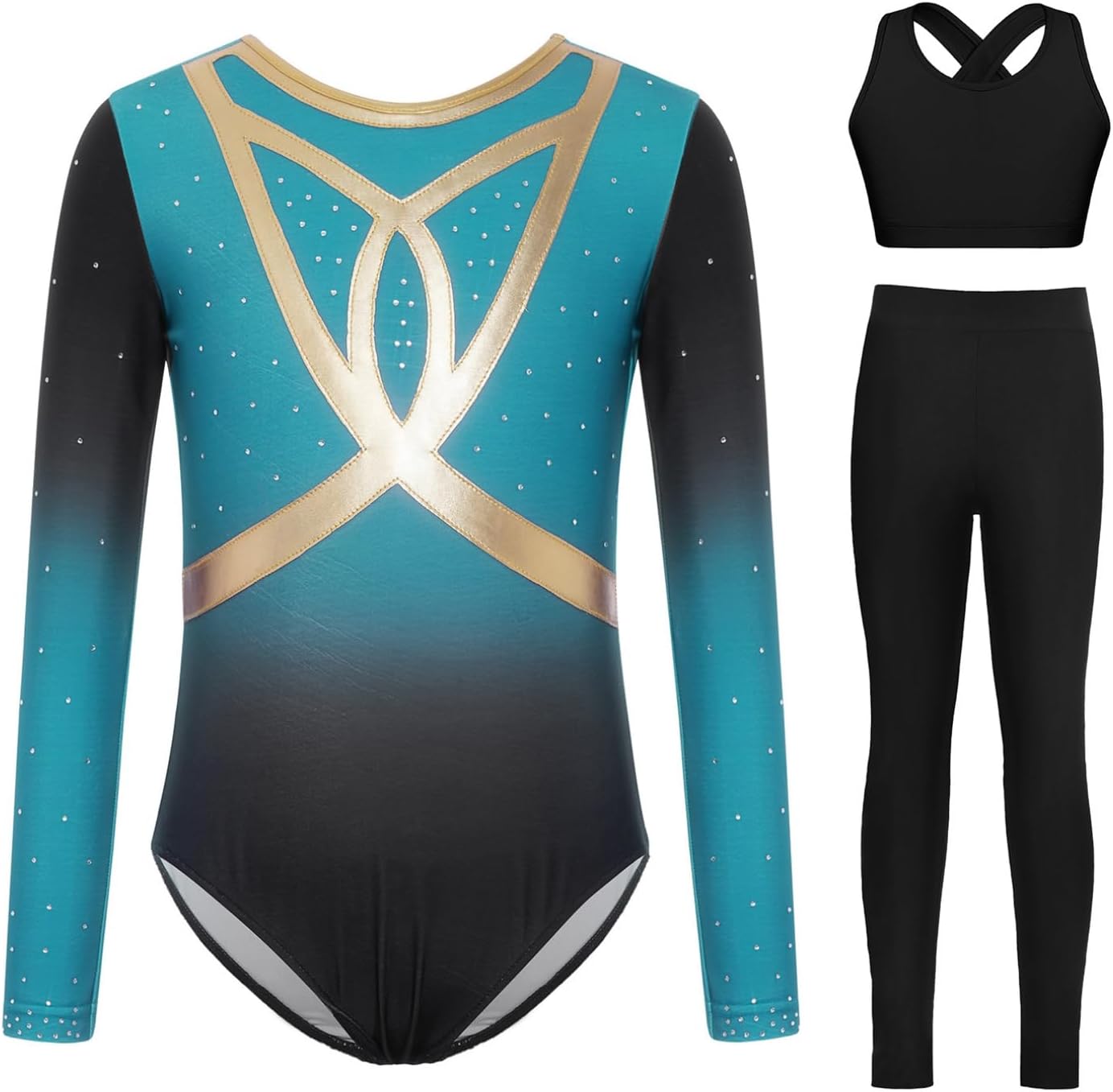 renvena Gymnastics Leotards for Girls Long Sleeve Sparkly Dance Unitards Vest with Leggings Tights Set Activewear