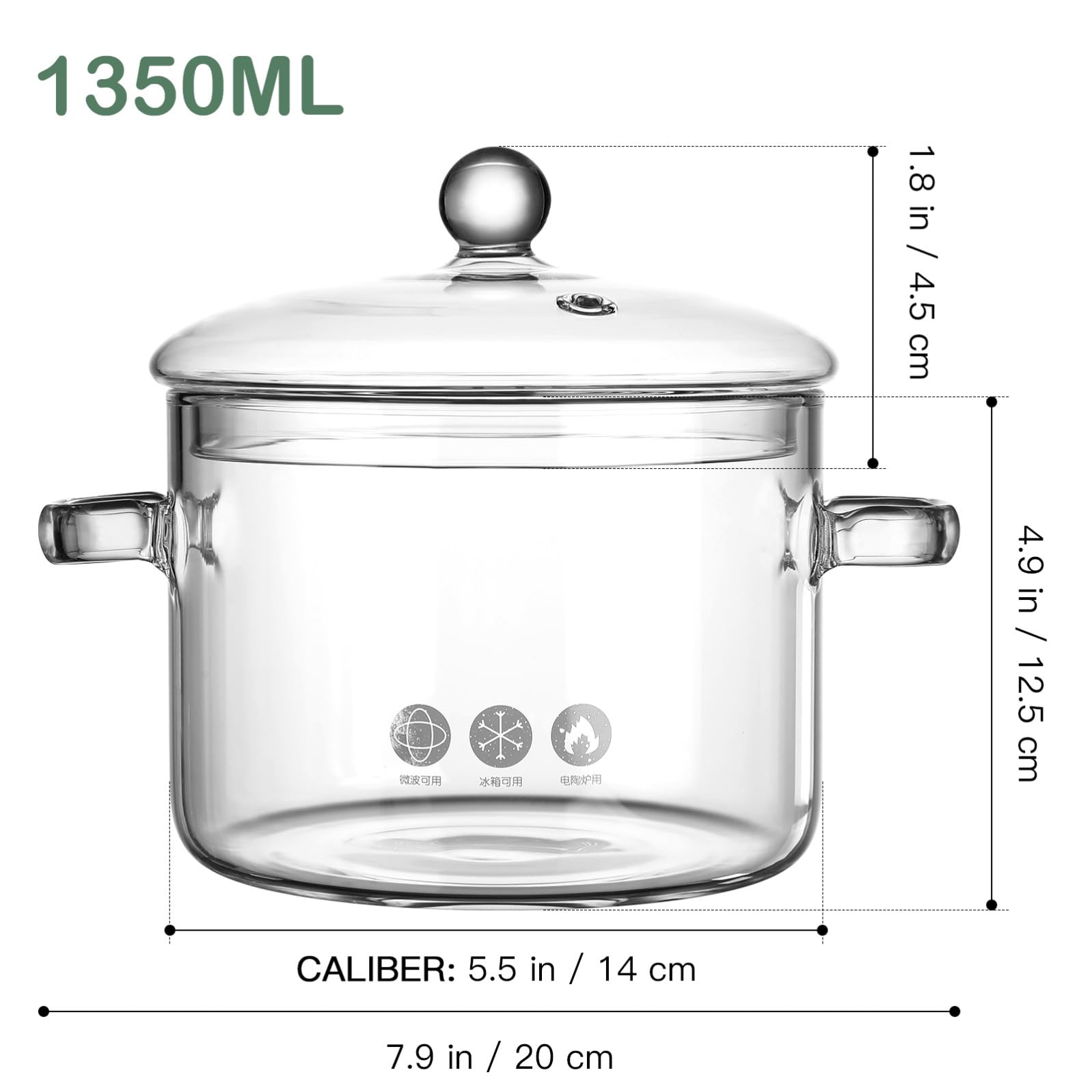 Marmite à Soupe en Verre 1350 Ml, Double Poignées, avec Couvercle