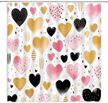 Valentines Day Love Heart Shower Curtain, Gold Pink Black Love Heart Design, Cute Girly Dreamy Romantic Bathroom Decor Set with Hooks 70" W x 70" L