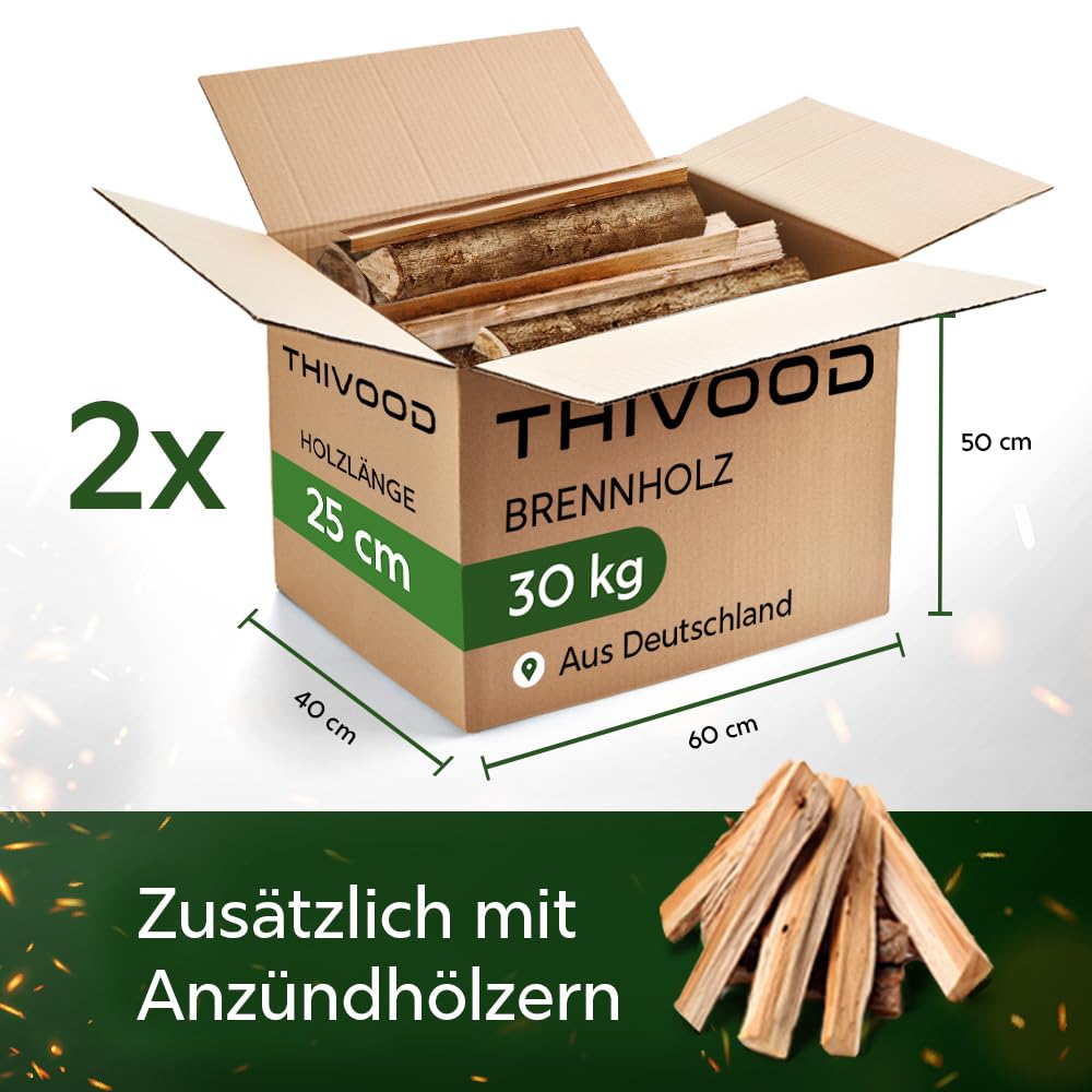 Brennholz 25 cm - Buchenholz & Eichenholz - Premium Feuerholz inklusive Anzündholz - trockenes 60 KG Hartholz mit unter 18% Restfeuchtigkeit - Ofenfertiges Kaminholz für Zuhause & Outdoor