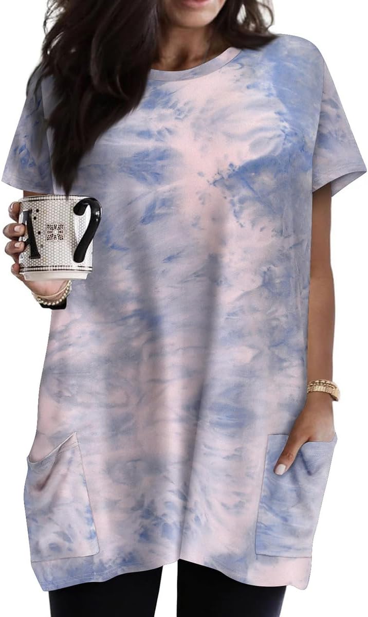 RITERA Plus Size Tops for Women Long Tunic Tops Summer Long Shirts Short Sleeve Spring Tops with Pockets for Leggings XL-5XL