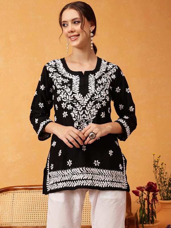 Image of Ada Women's Muslin Straight Fit Tunic Hand Embroidered Lucknowi Chikankari Straight Top Short Kurti A911420