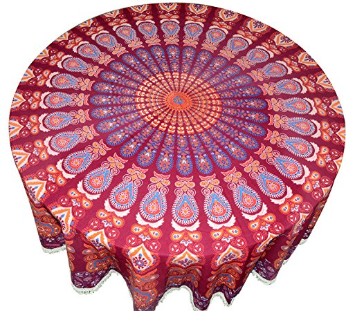 Image of RHF Dining Round Tablecloth 100% Cotton Multicolor Floral Bird Printed 4-6 Seater Round Table Cover with White Fringed Lace Border 75 inch (Maroon- Multi)