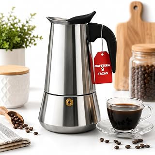 CAFETERA ITALIANA ~ Cafetera Italiana Inducción ~ Cafetera Italiana Acero Inoxidable ~ Cafetera 9 Tazas(450ml) ~ Coffee Maker ~ Compatible Con Todos Los Tipo De Cocinas: Gas, Vitrocerámica e Inducción