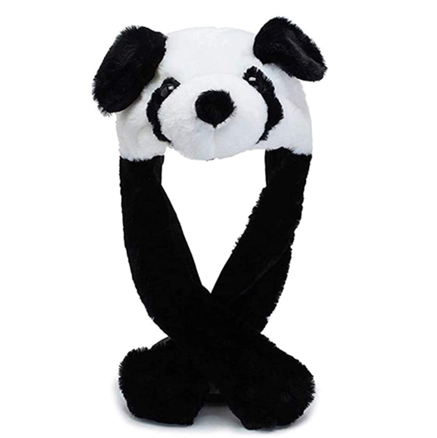DELFINO Cute Plush Panda Hat, Ear Moving Jumping Funny Plush Faux Fur Panda Hat Panda Cap, for Kid and Adult Cosplay Party Holiday Hat Costume Accessory with Moving Ears When Pressing The Paws