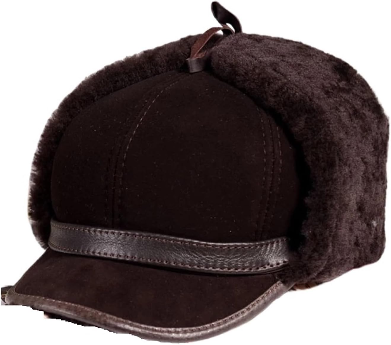Man Real Leather Full Wool Goat Fur One Bomber Hats Male Fleece Warm Caps Brown/Dark Blue Motocycle Bonnet