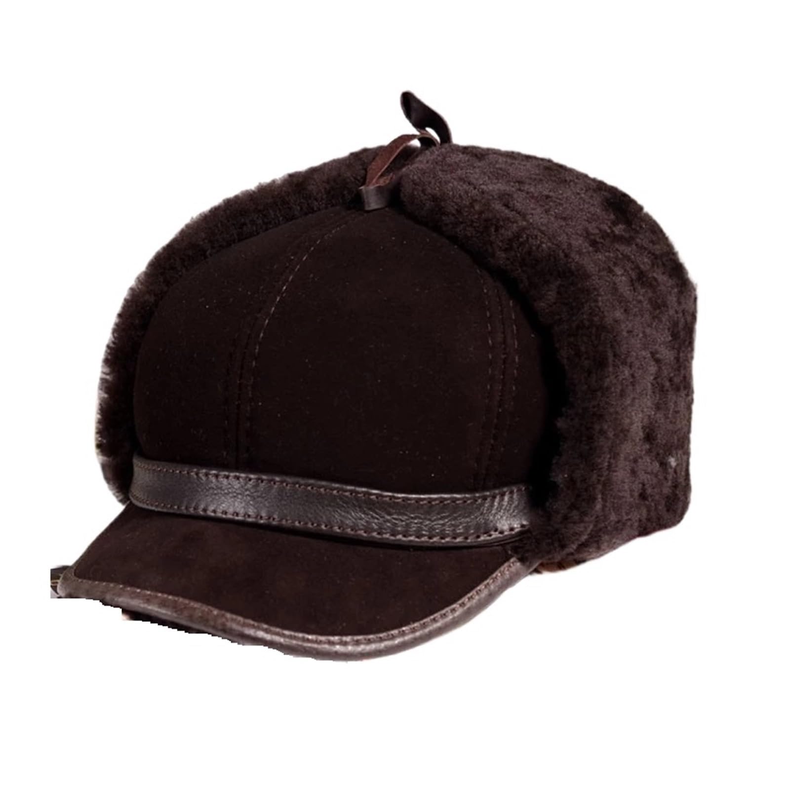 Hombre Cuero Real Lana Completa Piel de Cabra un Bombardero Sombreros Hombre Polar cálido Gorras marrón/Azul Oscuro capó de Motocicleta