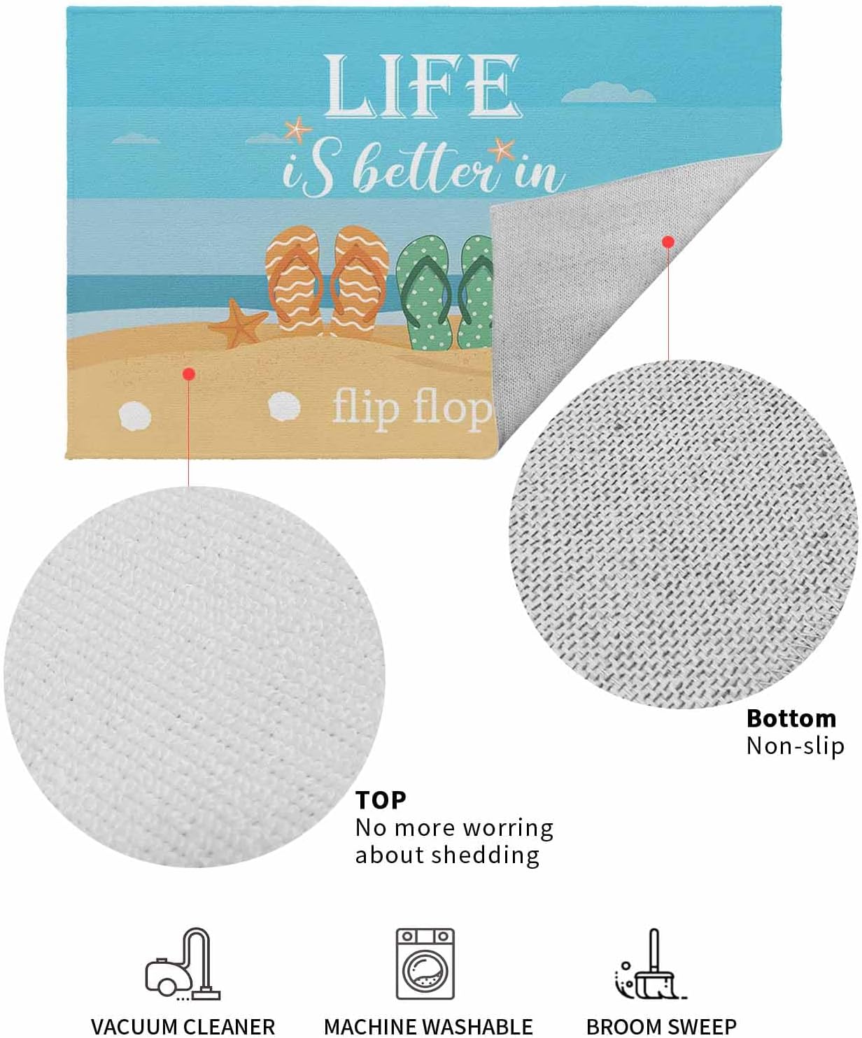 Front Door Mat, Non - Slip Absorbent Door Entry Mats, Doormats Indoor/Outdoor Entrance Small Rugs, Life is Better in Flip Flops Summer Beach Theme Doormat - Floor Mats for Home 24x36 Inch