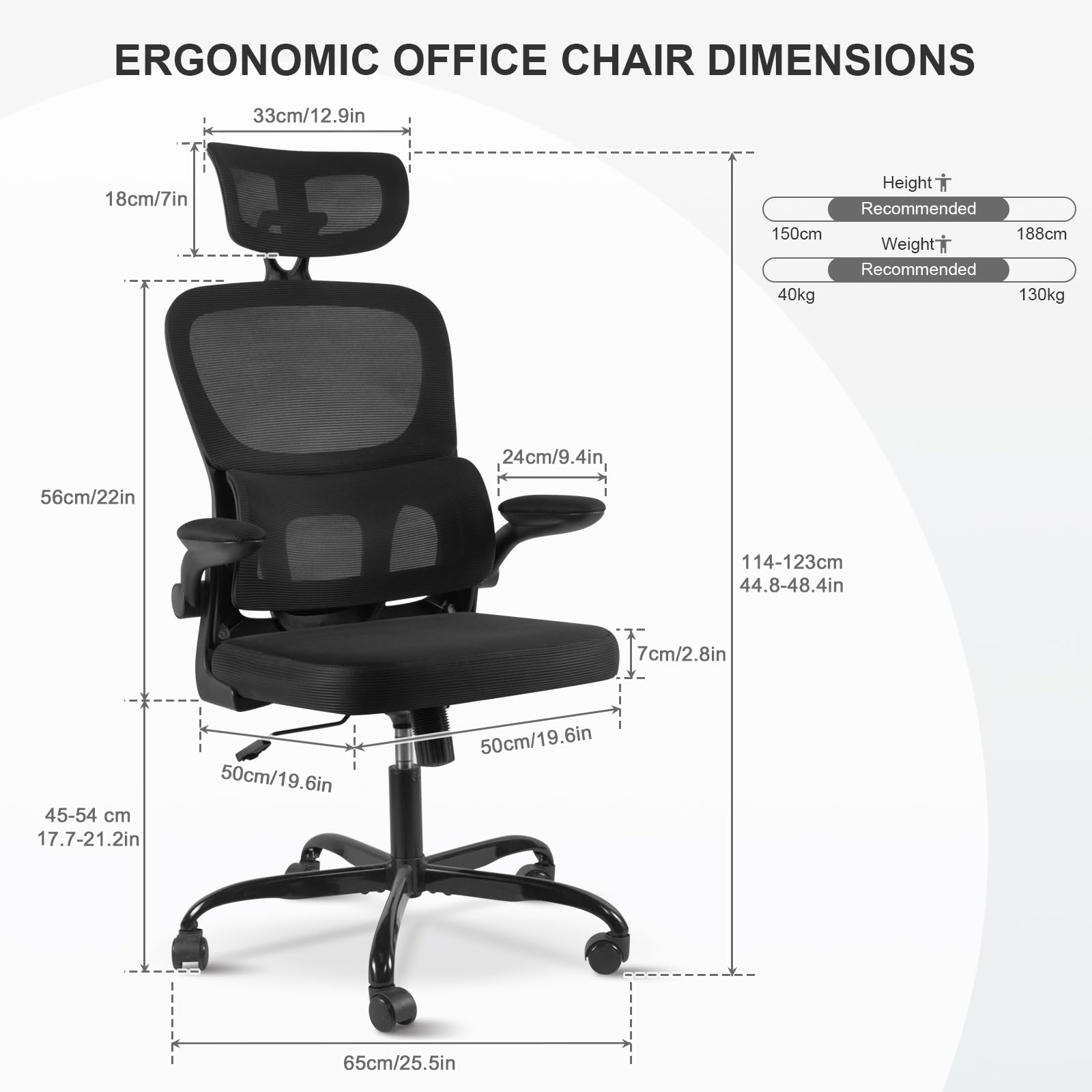 Sedia Da Ufficio Ergonomica In Rete Con Poggiatesta Regolabile – Braccioli Ribaltabili, Supporto Lombare, Capacità 150 Kg, Per Casa E Ufficio - 3