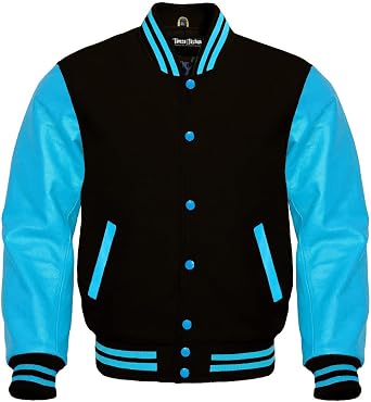 Mens Baseball Letterman Wool and Genuine Sky Blue Leather Sleeves Bomber Style Varsity Jacket
