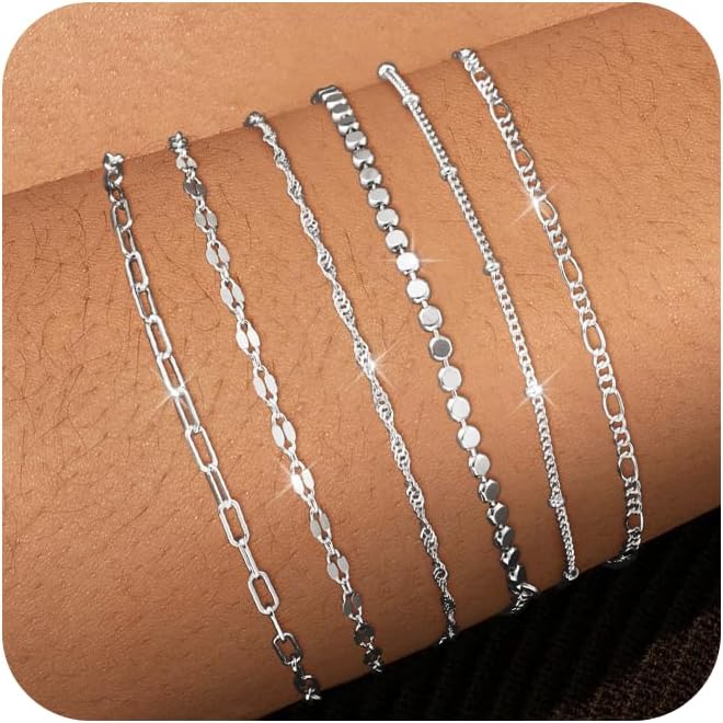 Tewiky Waterproof Gold Bracelets for Women Non Tarnish - Dainty Stack 14K Gold Plated/Sterling Silver Chain Bracelets Set Adjustable Trendy Jewelry for Women