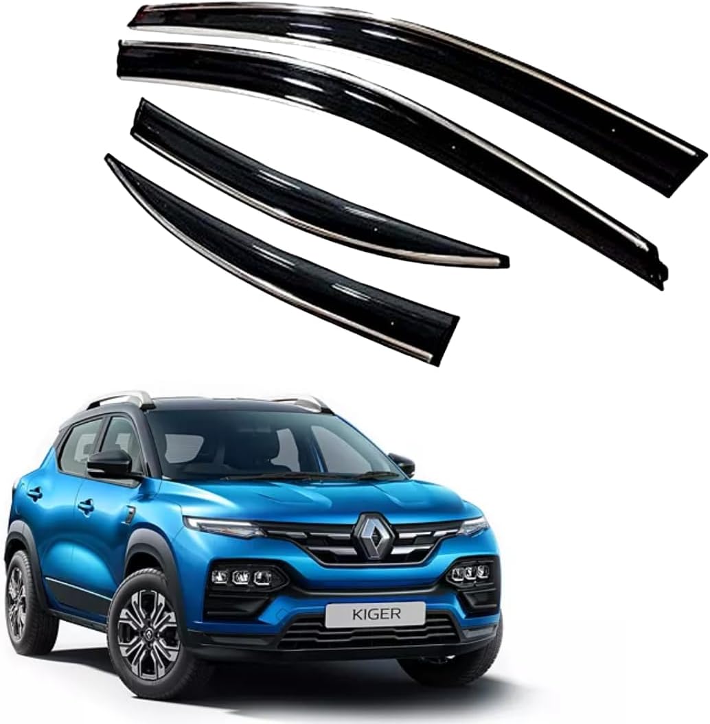 Premium Chromeline & Silverline Unbreakable Car Rear Window Wind Deflectors & Side Door Visor Rain Guard Compatible with (Renault Kiger (2021 Onwards))