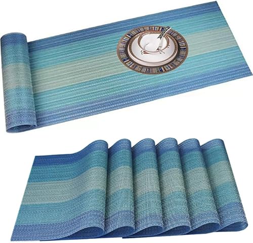 IMIYOKU Manteles individuales con camino de mesa compatible con aislamiento cruzado 6 piezas de 12 x 18 pulgadas  1 unidad de 12 x 71 pulgadas azul