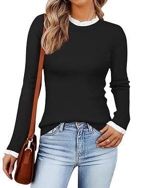 ZESICA Womens Long Sleeve Ruffle Sweaters 2026 Fall Crewneck Color Block Slim Fit Basic Casual Knit Pullover Sweater