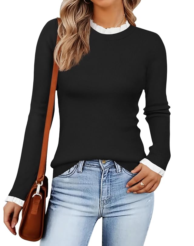 ZESICA Womens Long Sleeve Ruffle Sweaters 2026 Fall Crewneck Color Block Slim Fit Basic Casual Knit Pullover Sweater