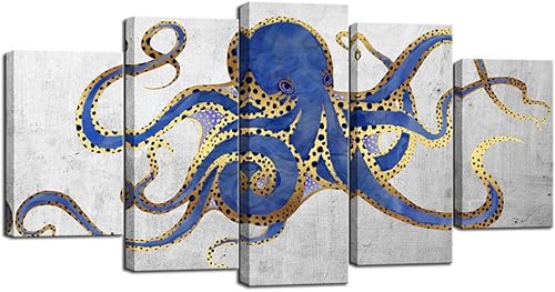 sechars Lienzo grande de 5 piezas de arte de pared de pulpo, decoración azul y gris dorado, vida marina, impresiones vintage para decoración del
