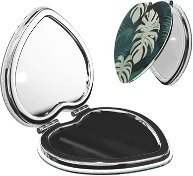 Mini Heart Shape Makeup Mirror with Cover, Portable Tropical Palm Leaves Print Travel Make Up Mirrors with Magnification