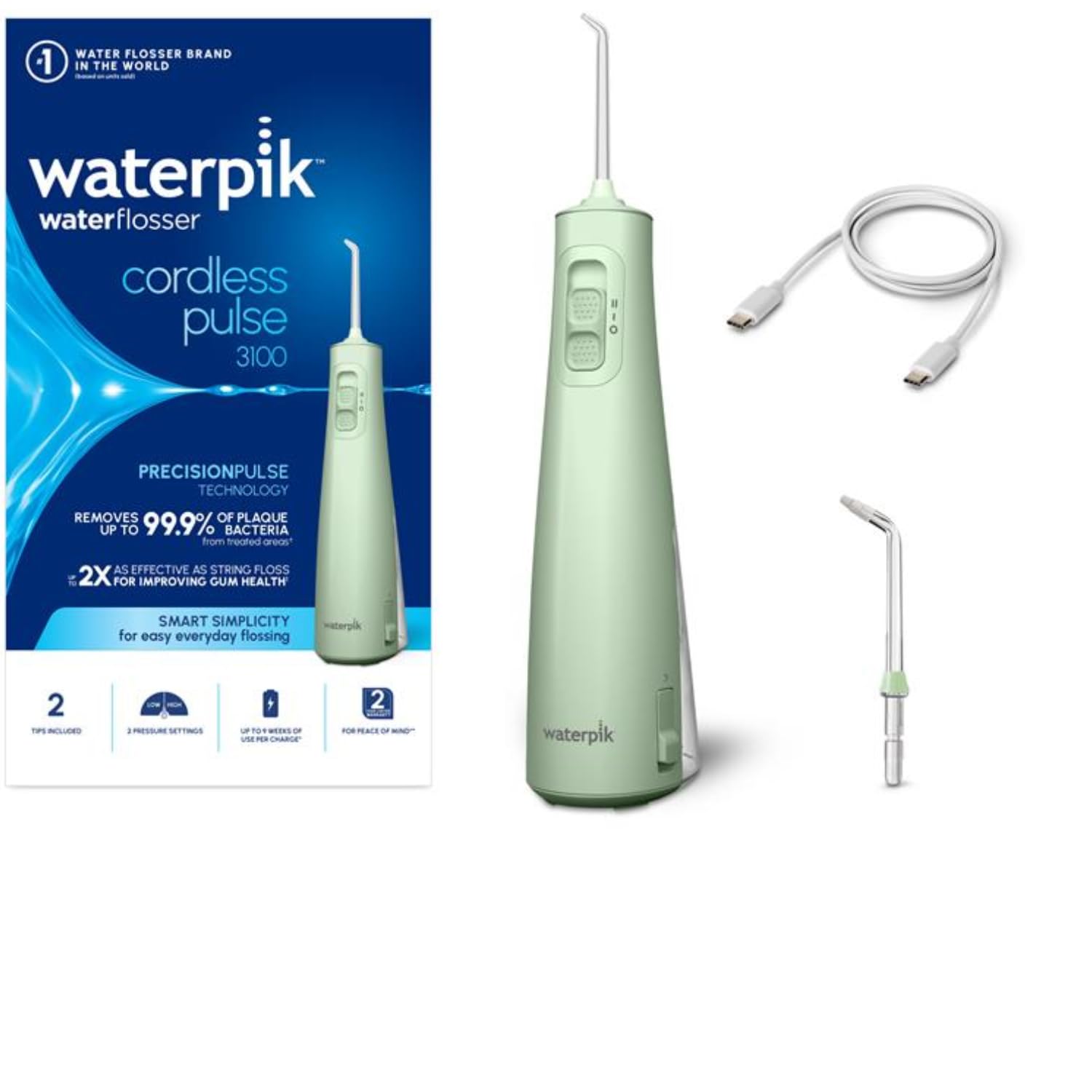 Waterpik Pulse Munddusche kabellos, Professionelle 99,9% Plaque Entfernung, 2 Intensitätsmodi, Zahnzwischenraumreiniger, 45 Sekunden Wassertankkapazität, 2x Aufsätze enthalten, mintgrün