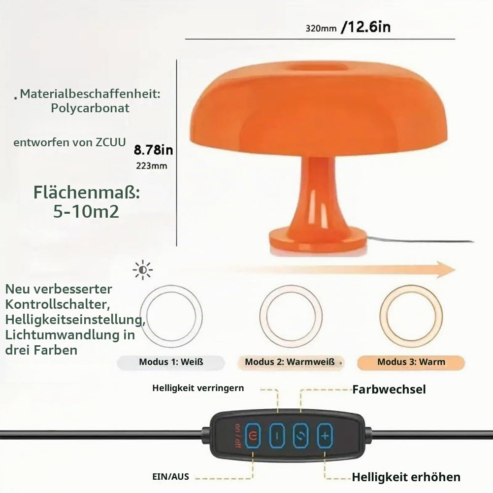Orange Tischlampe LED Pilz Tischleuchte mit USB Kabel Nachtlicht Innen Dimmbar Nachttischlampe Moderne Beleuchtung Tischlichter Mushroom Dekoration Lampe für Schlafzimmer Wohnzimmer,Orange