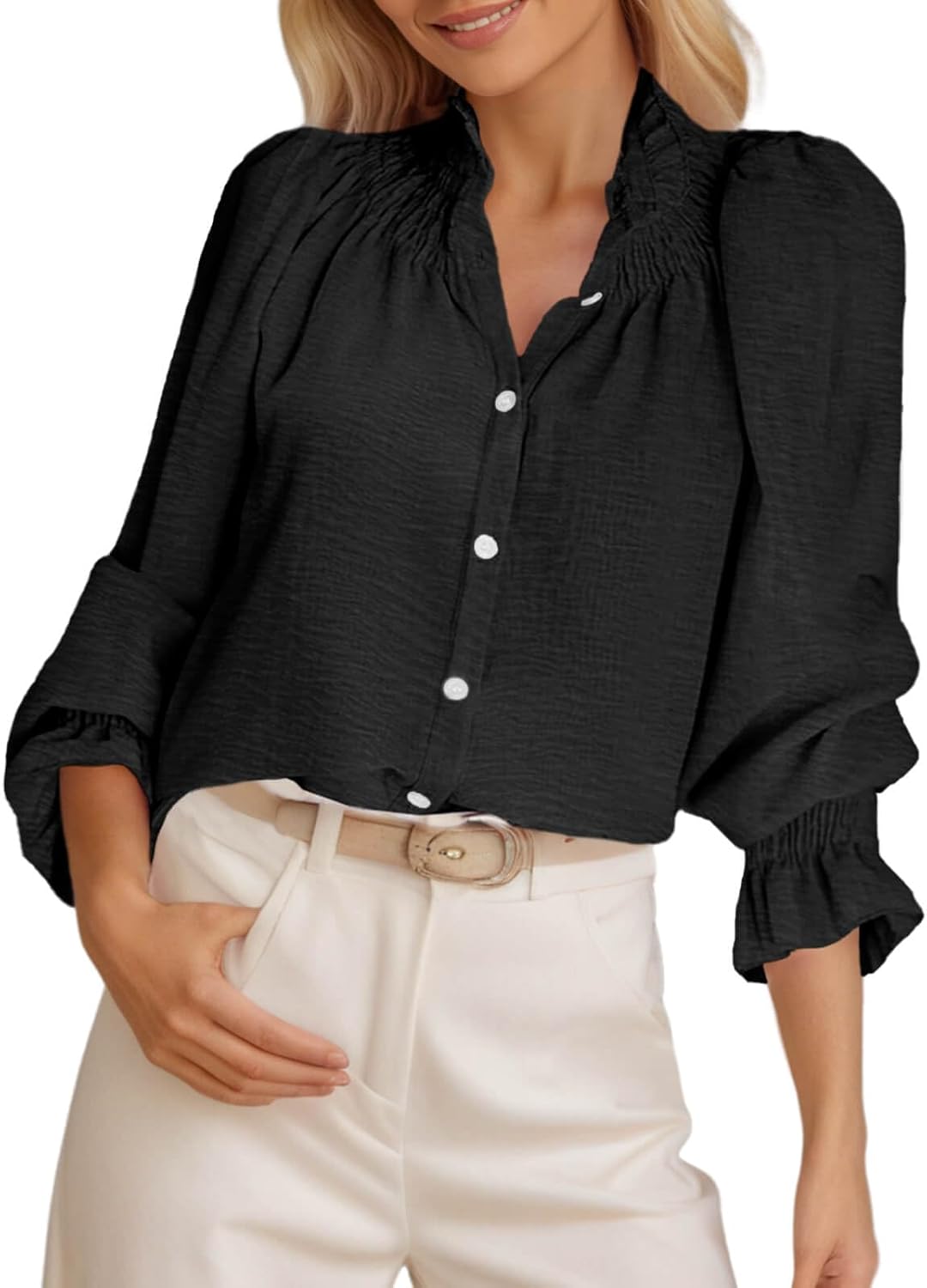 Tankaneo Womens Puff Long Sleeve Button Down Shirts Ruffle Mock Neck Blouses Dressy Casual Loose Fit Tops