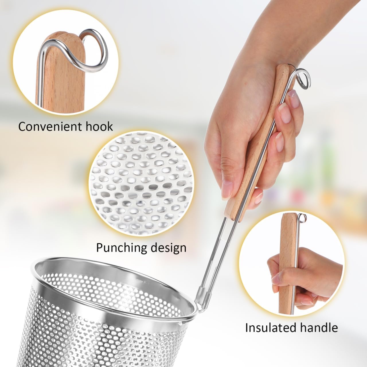 SHOWERORO Fine Mesh Wire Strainer Spoon 13.97In Kitchen Colander for Noodles Pasta Vegetables Oil Draining and Cooking