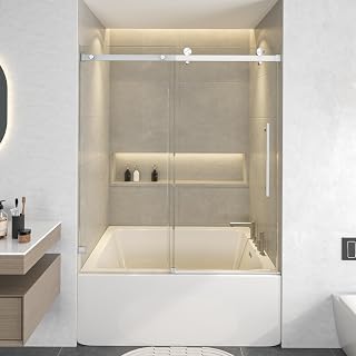 YSTISUON 54"-60" W x 60" H Frameless Bathtub Sliding Shower Door, Water Repellent Sliding Shower Glass Door,5/16" (8mm) Clear Tempered Glass with Explosion-Proof Film (Brushed Nickel W60 xH60)
