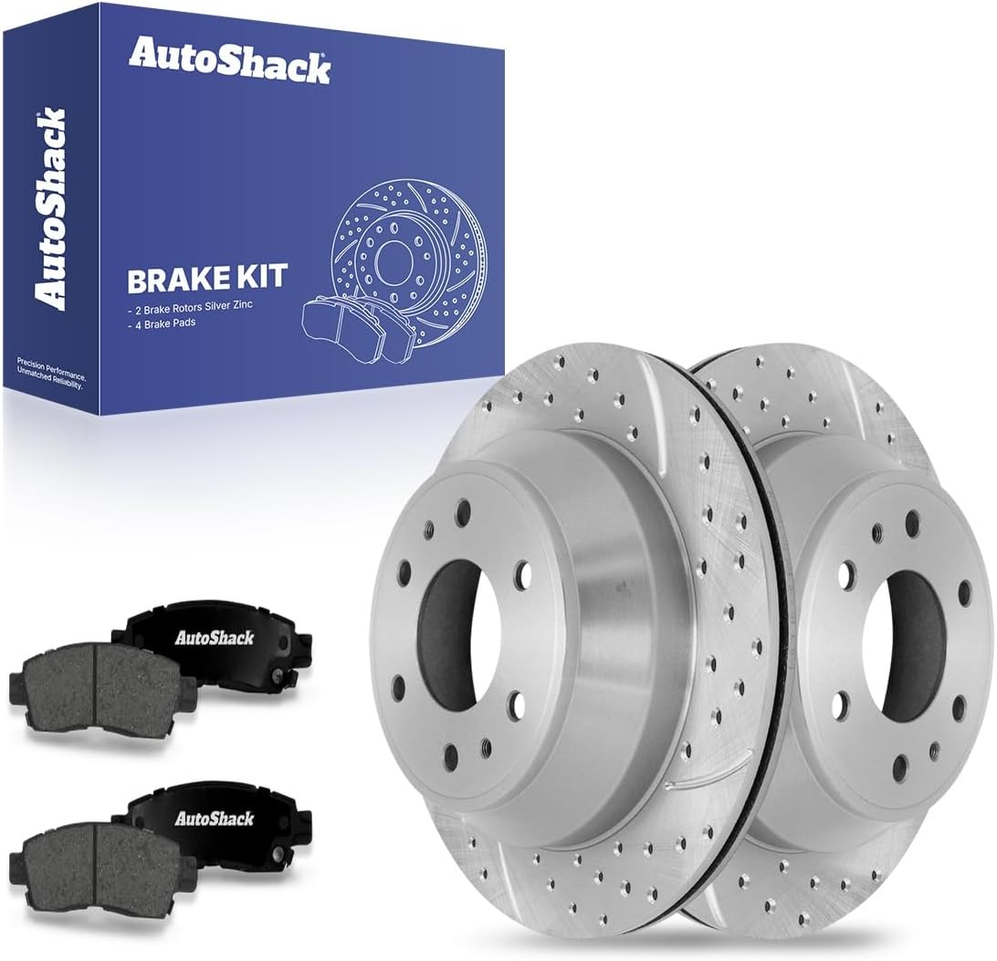 AutoShack Rear Vented Drilled & Slotted Silver Zinc Coated Brake Rotors + Premium Ceramic Pads 6-PC Brake Kit Replacement for 2002-2009 Chevrolet Trailblazer SilverShield Pro 12.8" (325 mm)