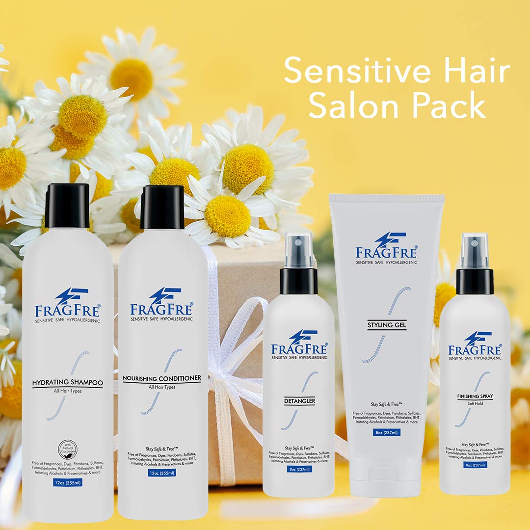 Professional Hair Salon Set for Sensitive Skin 8/12 oz/ea (5-Pack Gift Set) - Shampoo-Conditioner-Detangler-Styling Gel-Finishing Spray - Soothing Wash and Set - No Sulfate No Fragrance Vegan