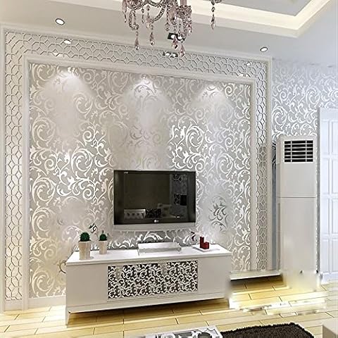 Q QIHANG Sliver Gray Victorian Damask Embossed Textured Wallpaper 0.53m x 10m=5.3㎡ Cover