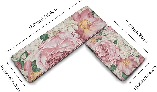 Miniatura 30 de Juego de 2 alfombras y tapetes de cocina, macetas rojas y blancas, antideslizantes, acolchados, lavables, 2 tapetes cómodos para cocina, lavandería