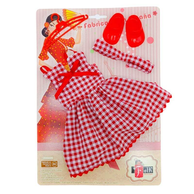 Vestido colección 2023 Vestido Cuadros, Percha y par Zapatos para muñeca Sintra, Simona, Mari's, Pepa's o Naia 41 cm. Fabricado en España por Folk Artesanía. Muñeca no incluida en el Lote.