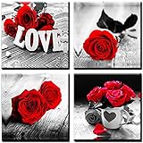  4 Pièces Impressions sur Toile Art Mural Moderne Encadré pour Salle de Bain Home Office Décor - 12 x 12 Inch Rose rouge