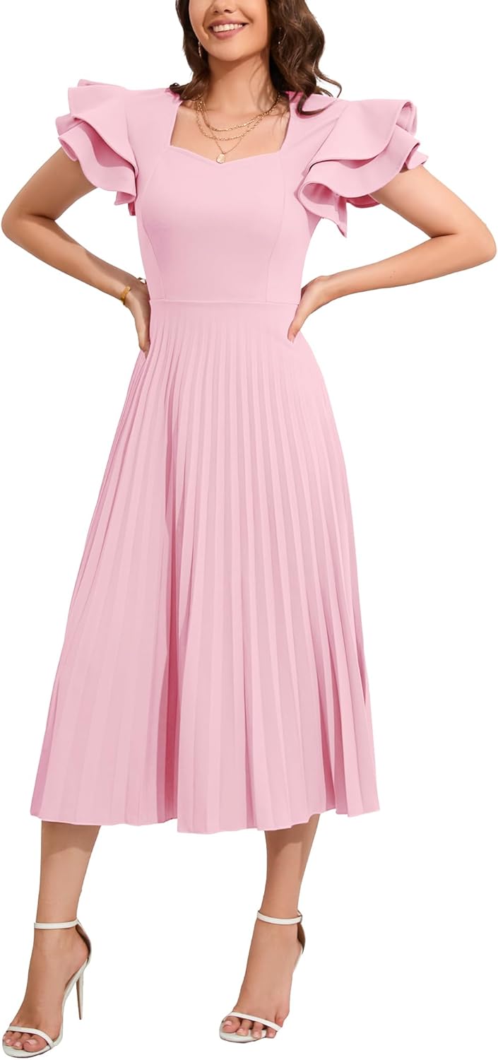 VERWIN Short Sleeve Square Neck Women's Maxi Dress Casual Ruffle Sleeve Prom Dress Pleated Stretchy Dress